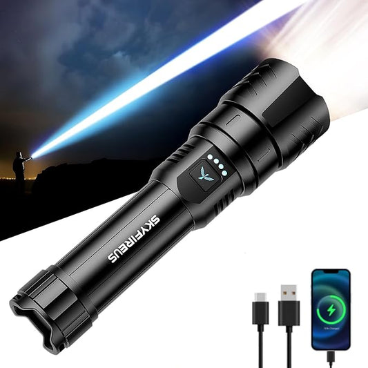 SKYFIRE LED Flashlight High Lumens,2000lm Super Bright Rechargeable Flashlight,Zoomable,Four Modes,Waterproof Flash Light for Camping Essentials,Outdoor and Home Emergencies&Gifts-No Lens