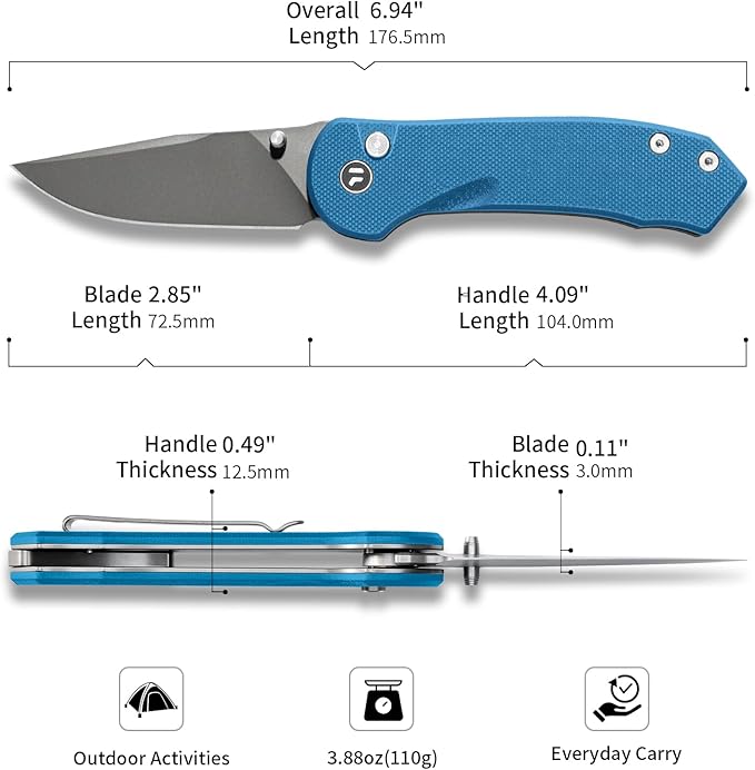 Button Lock Pocket Knife with 2.85 inch VG10 Steel Blade G10 Handle, Folding Knife for EDC, Blue