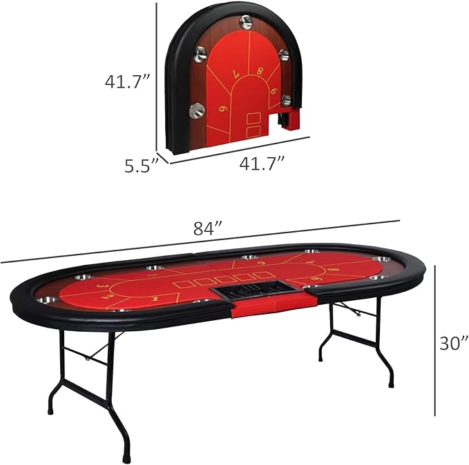 Upgrade 10 Player Poker Table, 84" Folding Oval Table with Stainless Steel Coasters & Cushion Rails, Casino Felt Top Texas Hold'em Table, Red