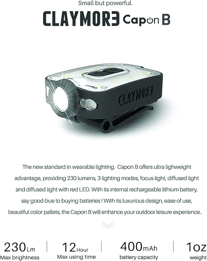 Claymore Capon 40B Tan Clip-On Cap Light ??USB-C Rechargeable 230LM LED Headlamp | 3 Light Modes 180° Adjustable Beam IP54 Water Resistant Up to 12 Hrs Runtime for Camping, Running, Outdoor