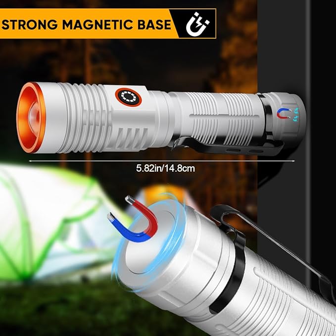 Rechargeable Flashlight High Lumens 2 Packs, 2000LM Magnetic Flashlights with Pocket Clip, 3 Modes, Adjust Focus, Super Bright LED Flash Light Waterproof for Emergencies Camping, 1500 Meters Long Beam