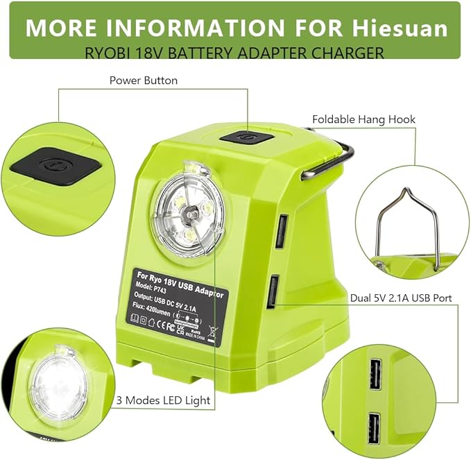 Portable Flashlight for Ryobi 18v Battery, 420lm LED Work Light with 2 USB Ports, 3 Light Modes and Foldable Hang Hook, Worklight Outdoor Camping Lantern for Emergency