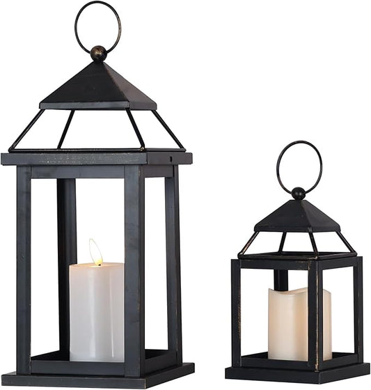 DECORKEY LED Candle Lantern Decorative Indoor & Outdoor, Set of 2 Vintage Hanging Lanterns Fall Decor with LED Candles, 14" & 9" Metal Outdoor Lantern for Patio Front Porch Chrismtas, Spring