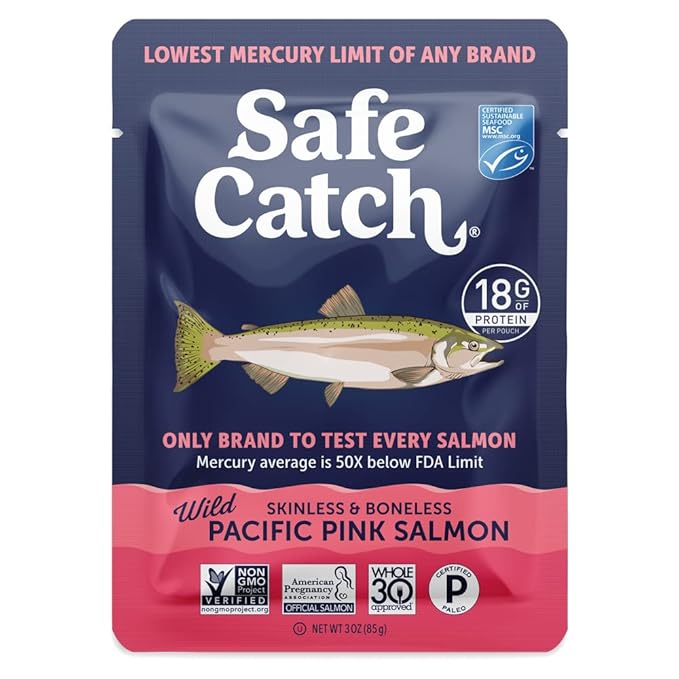 Safe Catch Wild Pacific Pink Salmon Skinless Boneless Wild-Caught Salmon Fish Pouch, Mercury Tested, Kosher, 12-Pack Salmon Pouches 3oz Packets