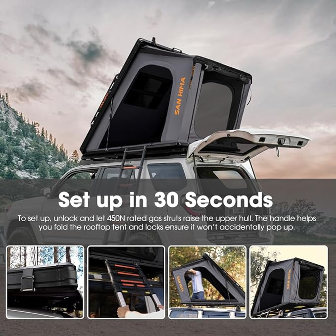 Sanhima Rooftop Tent Hard Shell - Hotham Overland Aluminium Roof Top Tent w/Larger Space, LED Strip Light & Skyview Window, 2” Thick Mattress, for Car SUV Truck Camping, 2-3 People Tent