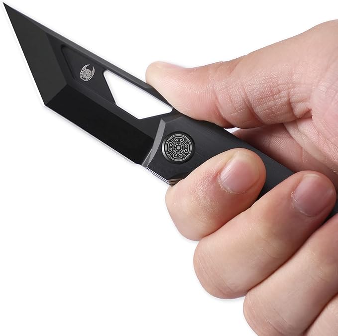 Knife Shimo Folding Knife,2.56" M390 Stonewashed Pocket Knife,3.86" Titanium Handle Frame Lock Thumb Hole & Front Flipper Knife,Small EDC Knife for Outdoor Camping Black