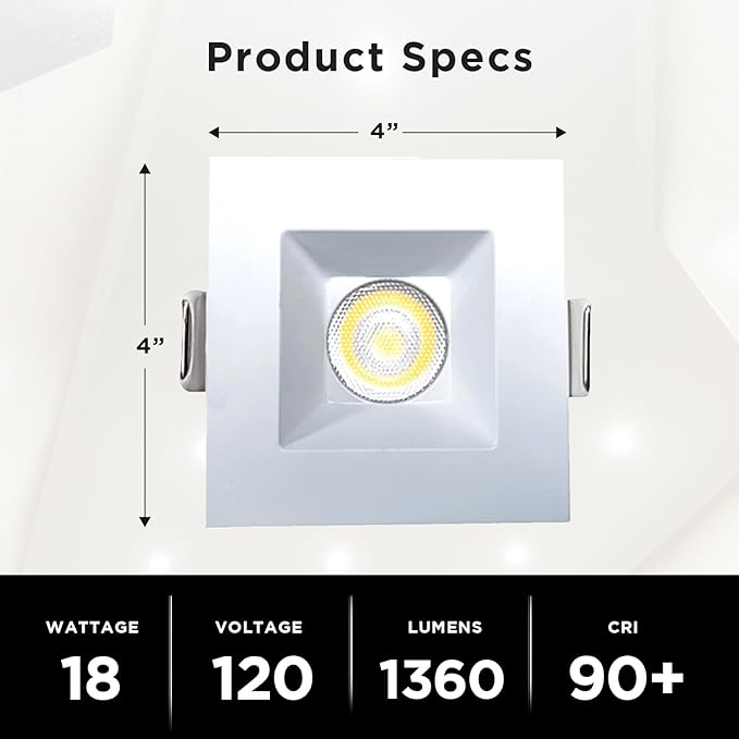 4-Inch LED Square Downlight Luminaire. Recessed Ceiling Light Fixture, 18-Watt, CCT 5 Color Changing (2700K/3000K/3500K/4000K/ 5000K), 1360 Lumens, White, Dimmable