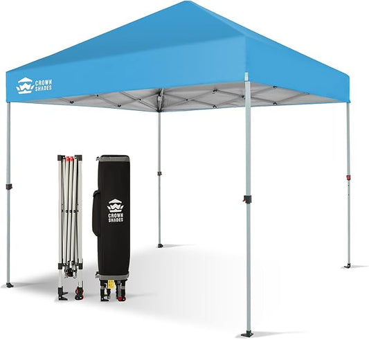CROWN SHADES 8x8 Pop Up Canopy, Patented Center Lock One Push Instant Popup Outdoor Canopy Tent, Newly Designed Storage Bag, 8 Stakes, 4 Ropes, Silver-Coated Sky Blue