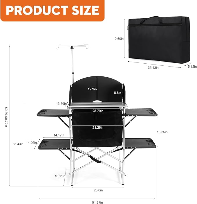 Camping Kitchen Table, Outdoor Cooking Table with 4 Panels & Storage Bag, Aluminum Folding Cooking Station, Heat Resistant Tabletop, Carrying Bag, Quick Set-up for RV,BBQ,Picnic,Traveling