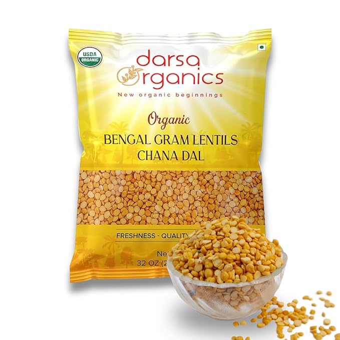 Darsa Organics Chana Dal 2 lb ??USDA Organic Split Bengal Gram (Yellow Chickpeas), Non-GMO, Chemical-Free ??Yellow Lentils for Dal, Khichdi, Soups, Salads, Veggie Burgers & Patties