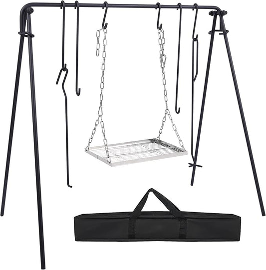 REDCAMP Swing Campfire Grill Stand - Collapsible Campfire Cooking Rack with 6 Hooks & Stainless Steel Grill Grate, Portable Dutch Oven Hanger for Outdoor Camping, Cookware, Bonfire, Rectangle ﻿