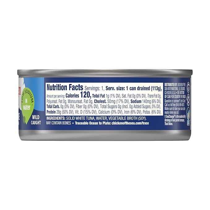 Chicken of the Sea Solid White Premium Albacore Tuna in Water, Low Sodium, Wild Caught Tuna, 5 oz. Can (Pack of 12)