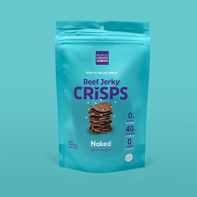 People's Choice Beef Jerky - Jerky Crisps - Naked - Three Ingredients - Beef, Water, Sea Salt - Sugar Free, Zero Carb, Gluten Free, Keto Friendly, Carnivore Diet, 40g Protein per Package - Thin, Crispy, Crunchy - 1.8 OZ (4 Pack)