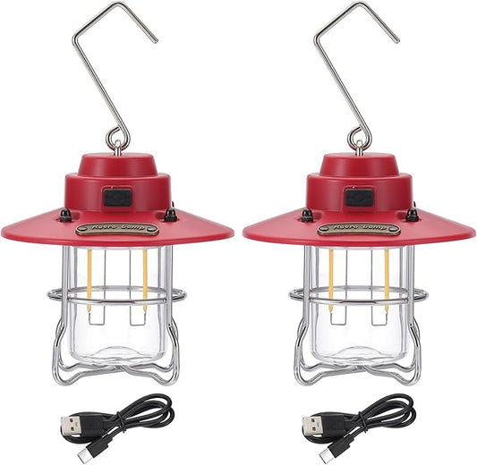 PATIKIL LED Camping Lantern, 2 Pack Vintage Rechargeable Lantern 3 Light Modes Portable Hanging Outdoor Tent Light for Camping, Hiking, Fishing, Red 3.66 Inch