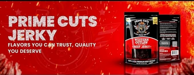 Prime Cuts Western Outlaw Beef Jerky | USDA Prime Brisket | Smoky Cowboy-Style Flavor | High-Protein, Low-Fat Snack | Crafted for Adventure | Authentic Taste of the American Frontier