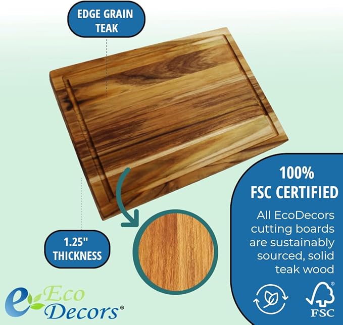 EcoDecors, Teak Cutting Board 14"x10", Reversible Teak Wood Edge Grain Carving Board with Juice Groove, FSC Certified Compact Wooden Cutting Board for Kitchen, Meal Prep & Serving