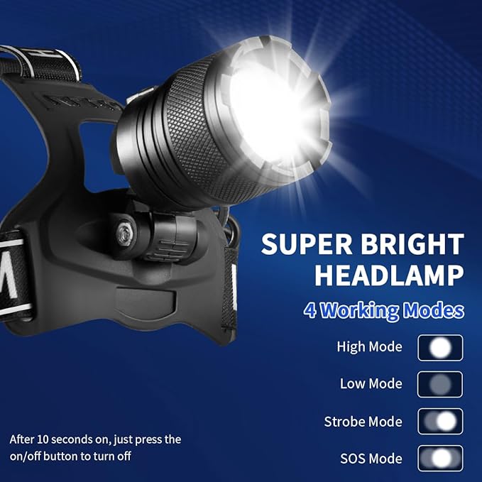 Super Bright Aluminum Headlamp, Rechargeable Headlamp High Lumen L9000, 90° Adjustable Focus Head Lights for Forehead, Head Lamps LED Rechargeable, Waterproof Headlamps for Adults Camping Hard Hat