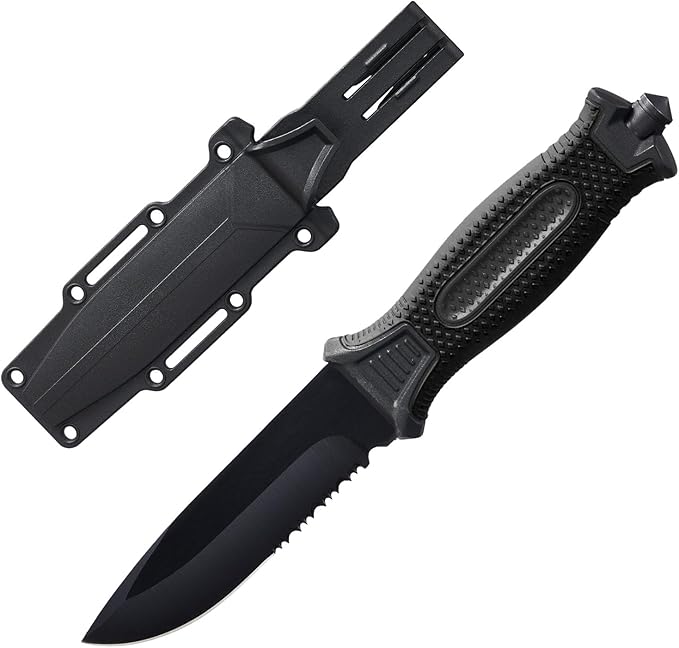 10" Fixed Blade Tactical Knives with Sheath and Clip, Stainless Steel Survival Hunting Bushcraft Full Tang Non-Slip Handle Knife for Camping, Hunting, Adventure, Outdoors, EDC, Black