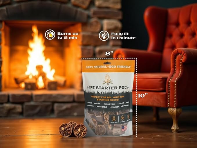 Quick to Light Fire Starter Pods for Fireplaces, Camping,Grill | 15+ Minutes Burntime, Fire Starters Made in USA (Pack of 50)
