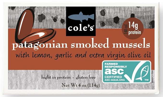 Cole?™s Patagonian Smoked Mussels Canned with Lemon & Garlic in Extra Virgin Olive Oil | 4oz Hand-Packed Tinned Mussels | 14g Protein | Single Unit