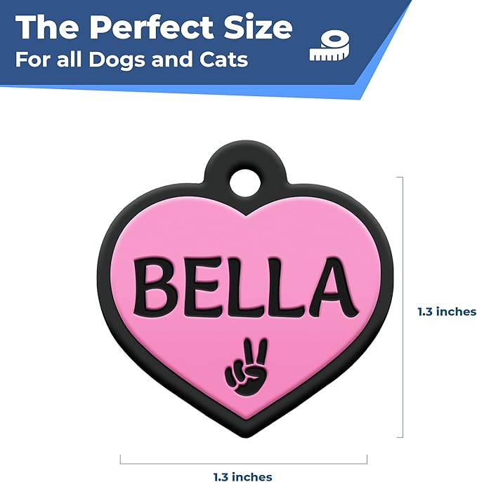 GoTags Silicone Dog Tags, Soundless Pet Tag, Personalized Silent Tag Engraved for Pets with Cute Custom Designs, for Dogs and Cats, (Heart, Blue)