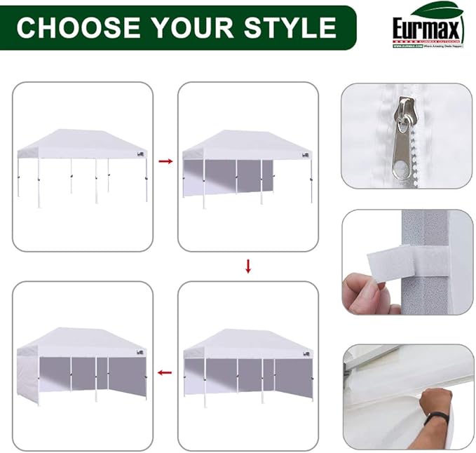 Eurmax USA 10'x20' Pop-up Canopy Tent Commercial Instant Canopies with 4 Removable Zipper End Side Walls and Roller Bag, Bonus 6 SandBags(Beige)