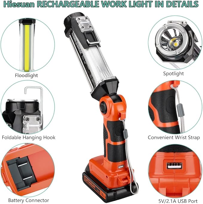Cordless LED Work Light for Black & Decker 20V Li-ion Battery, 35W 2000LM Outdoor Flashlight Portable Camping Lanterns for Car Repairing, Job Site Lighting, Emergency