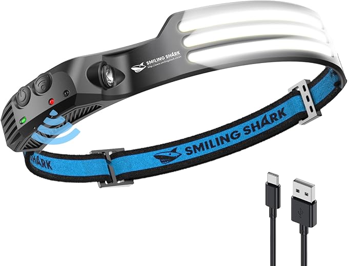 Smiling Shark LED Headlamp, 230°Wide Angle 3*White Light Strips The Brightest Head Lamp Rechargeable with Motion Sensor Waterproof Headlight for Camping Hiking Outdoor, Head-Lamp-LED-Frontale-Light