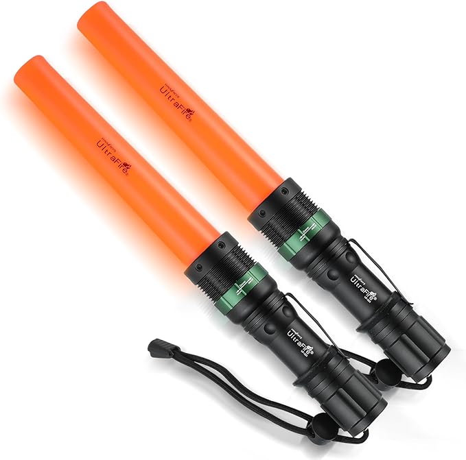 ULTRAFIRE 2pc 11-Inch Signal Traffic Wand Safty LED Flashlight 250 Lumen, Red Flashing Mode, Wrist Strap Lanyard, Side Clip, Orange Finish for Kids Outdoor Camping