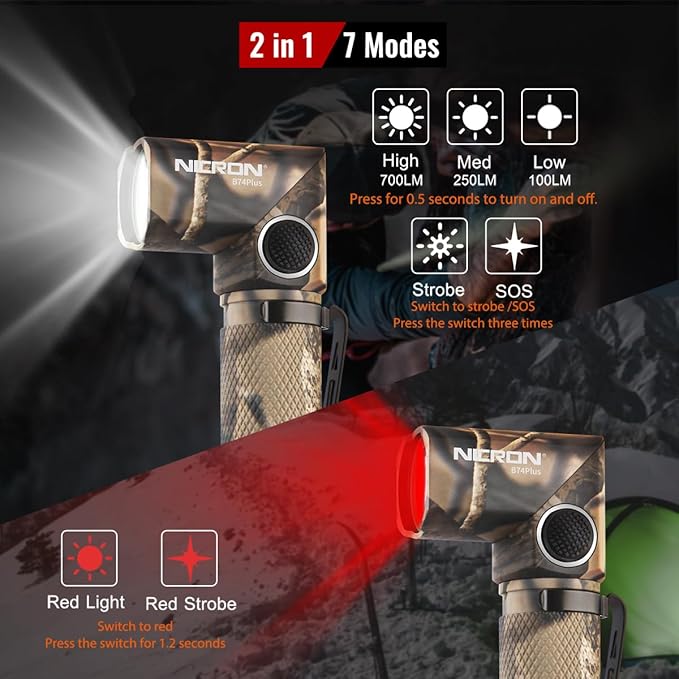 NICRON B74plus White/Red Light Flashlights Rechargeable,High Lumens 90 Degree Magnetic for Handfree,IP65 Waterproof 700 Lumens Compatiable with AA Battery for Hunting Outdoor Work Emergency.