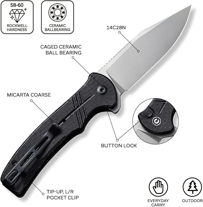 CIVIVI Folding Pocket Knife, Button Lock Flipper Cogent Knife 14C28N Blade Black Micarta Handle for Outdoor EDC Camping C20038D-7