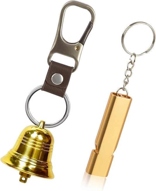 Fhmidic Loud Bear Bell with Whistle Set for Hikers, 3 in 1 Hiking Gear Solid Brass Bear Bells with Silencer, Carabiner and Emergency Whistle for Survival, Hiking, Camping, Climbing