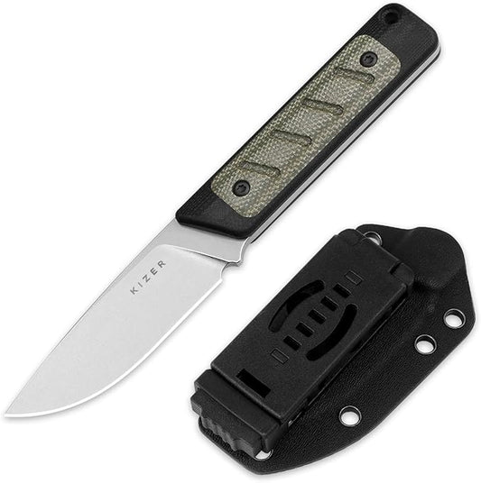 Kizer Smolt Fixed Blade Knife, 2.93" 14C28N Fixed Blade with Black G10 & Micarta Handle, Drop Point EDC Knives with Sheath for Camping Hiking 1063A6