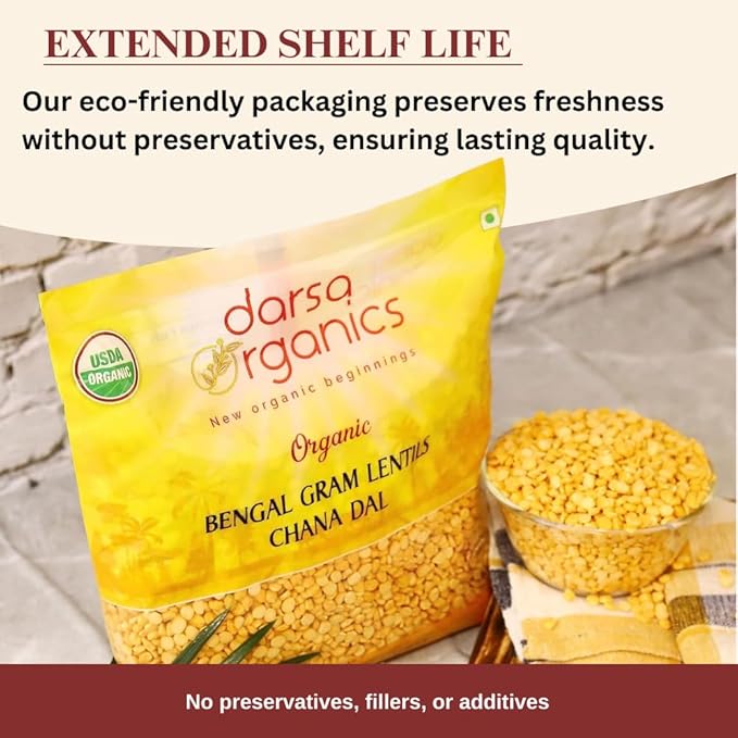 Darsa Organics Chana Dal 2 lb ??USDA Organic Split Bengal Gram (Yellow Chickpeas), Non-GMO, Chemical-Free ??Yellow Lentils for Dal, Khichdi, Soups, Salads, Veggie Burgers & Patties