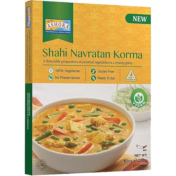 Ashoka Traditional Indian Meals 1932, Vegan Mixed Vegetable Curry, All-Natural Ready to Eat Microwavable Entrees, Shahi Navratan Korma, Kosher Certified, Gluten-Free with No Preservatives, Pack of 1