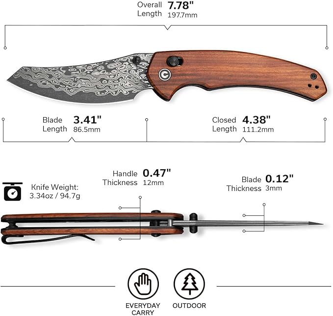 CIVIVI Sixgill Folding Pocket Knife for EDC, 3.41'' Damascus Blade Guibourtia Wood Handle, Deep Carry Reversible Clip, Gift for Men Women C24050-DS1