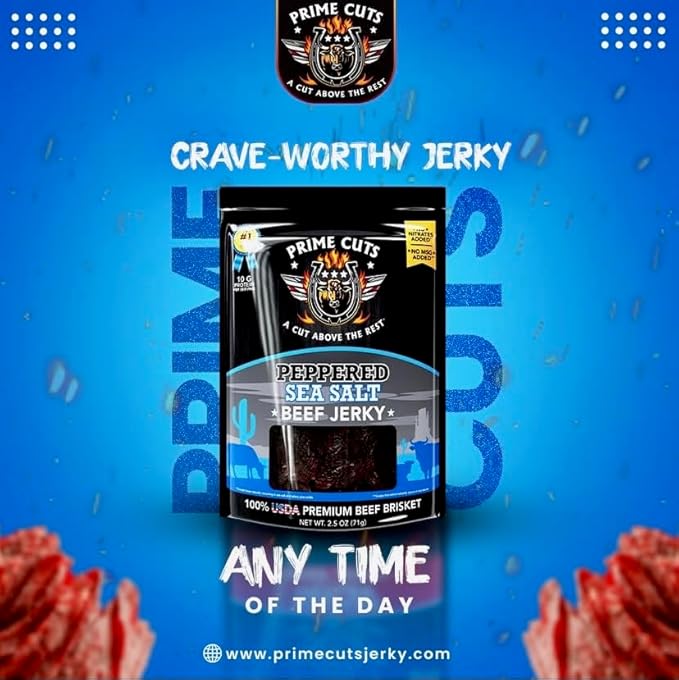 Prime Cuts Peppered Sea Salt Beef Jerky | USDA Prime Brisket | Classic Black Pepper and Sea Salt Flavor | High-Protein, Low-Fat Snack | No Artificial Ingredients | Perfect Anytime