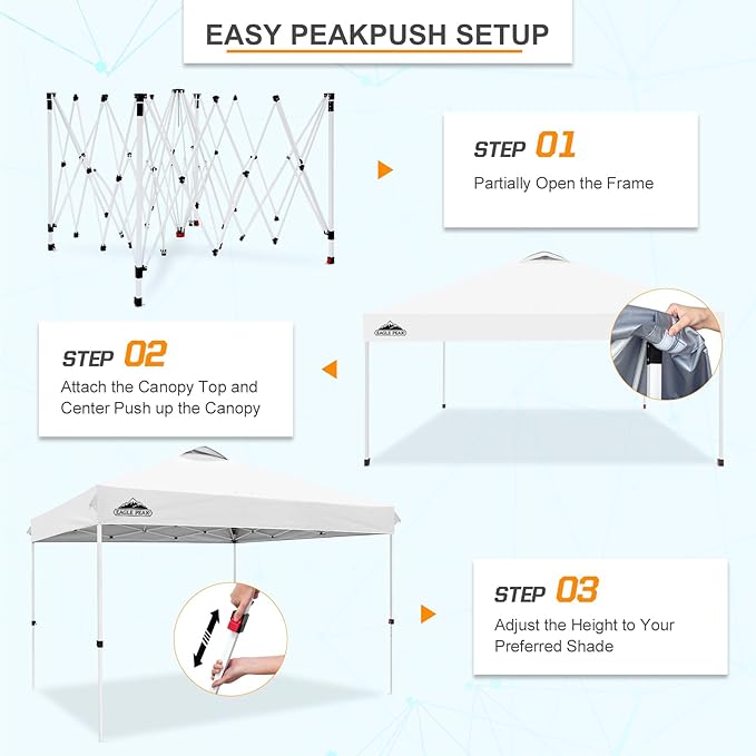 EAGLE PEAK Pop Up Canopy Tent with Wheeled Carry Bag, 8 Stakes, 4 Ropes, 4 Weight Bags, Easy Set Up Tent Canopy, 12x12 ft, 144sqft of Shade, White