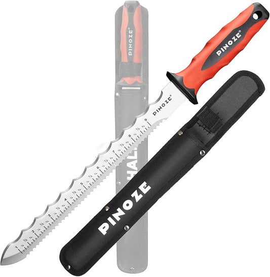 11" Insulation Knife, Stainless Steel Blade Insulation Cutter w/Laser Scale, Dual-Side Serrated Duct Knife Tool with Sheath for Cutting Heat Material Foam/Rockwool/Styrofoam, Garden Sod Cutter