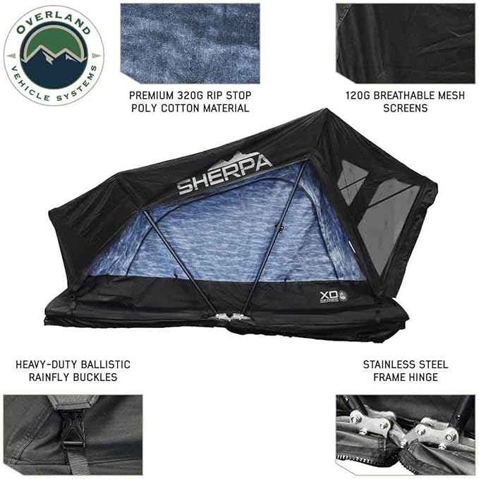 Overland Vehicle Systems XD Sherpa Soft Shell Aluminum Hard Shell Hybrid Roof Top Tent with Blackout Kit - Grey Body & Black Rainfly