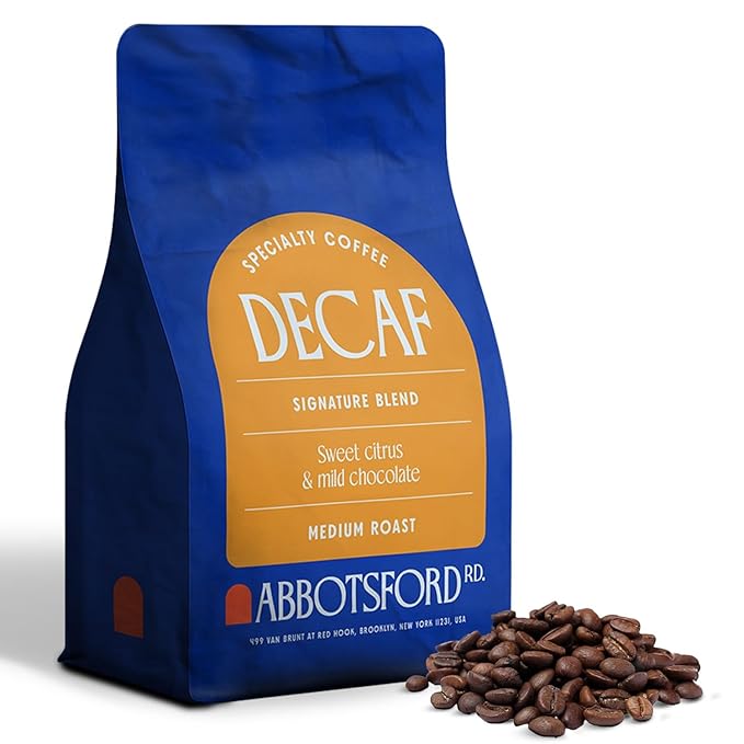 Abbotsford Road Whole Bean Decaf Coffee, Specialty Medium Roast 12 oz Bag, Chemical-Free Arabica Decaffeinated Coffee Beans, Freshly Roasted, Flavored Swiss water decaf coffee Beans, Sweet Citrus & Mild Chocolate Notes