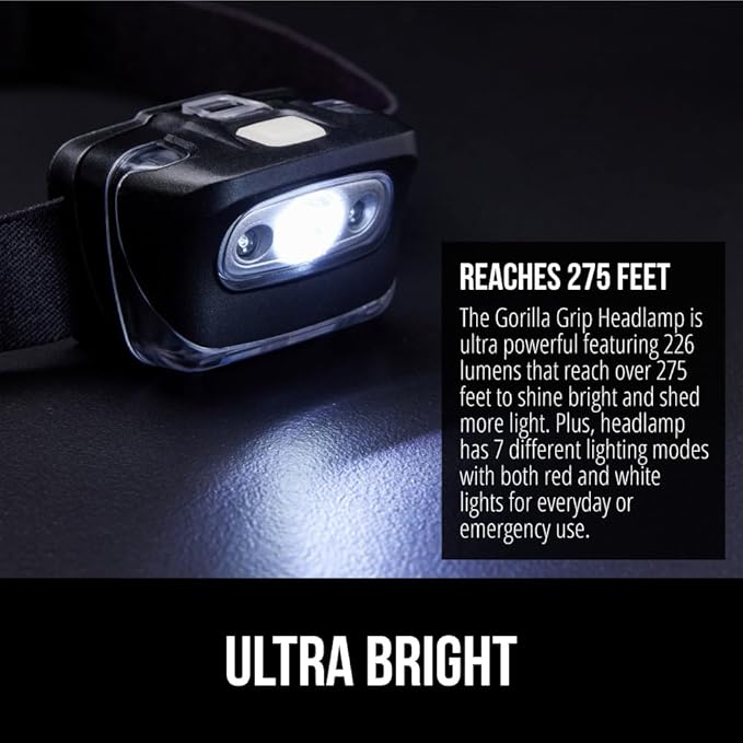 GORILLA GRIP Ultra Bright 226 High Lumens LED Head Lamp 2 Pack, 7 Light Modes Water Resistant IPX4 Headlamp, Lightweight Adjustable Headband, Battery Powered Camping Forehead Flashlight Lamps, Black