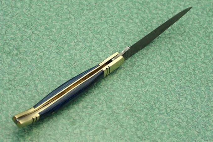 Laguiole Folding Damascus steel knife, 8.6" Long with 4" hand forged custom twist pattern Blade. Blue colored wood with brass bolster, Cow hide leather sheath included