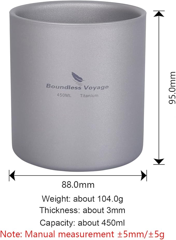 Boundless Voyage 3 in 1 Double Walled Titanium Cup Heat Resistant Mini Tea Drink Cup Outdoor Camping Mug Coffee Cups Camping Accessories (Ti3030D 450ml)