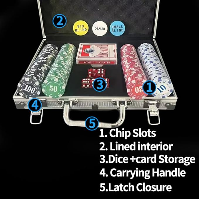 Poker Chips with face Value, 200 11.5 g Weighted Digital Casino Chips Set, 5 dice, 2 Decks of Cards, with Compact Aluminum case, for Texas Hold'em, Blackjack, Ages 8 and up