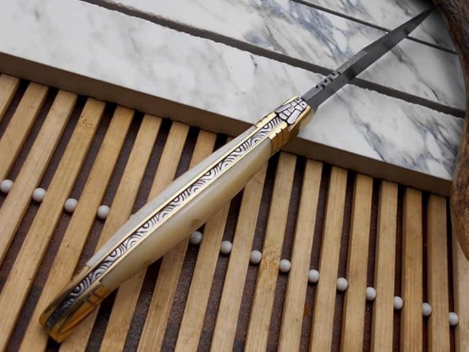 Laguiole Folding Damascus Steel Knife, 8.6" Long with 4.1" Hand Forged Custom Twist patren Blade. Wine 2 Tone Dollar Wood & Brass Bolster Scale. Cow Hide Leather Sheath Included (White)