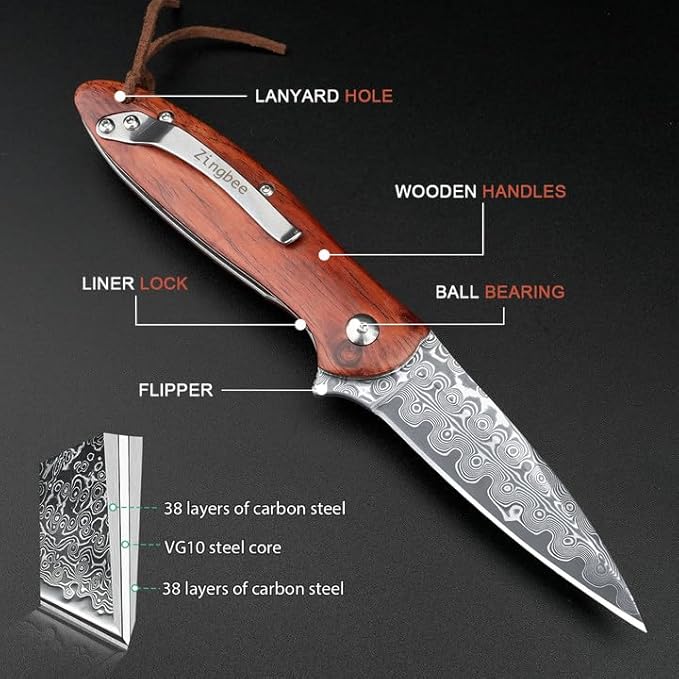 Damascus Pocket Knife with Sheath, 2.87" Damascus Steel Blade Knife with Wood Handle, EDC Folding Knife for Camping Fishing Hiking, Gifts for Men Women