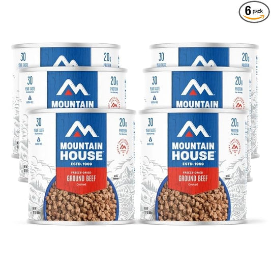 Mountain House Freeze Dried Pre-Cooked Ground Beef | Hamburger Meat Gluten-Free, High-Protein, Lightweight Emergency Food for Camping, Hiking and Shelf Stable 22 Servings Made in USA #10 Can Pack of 6