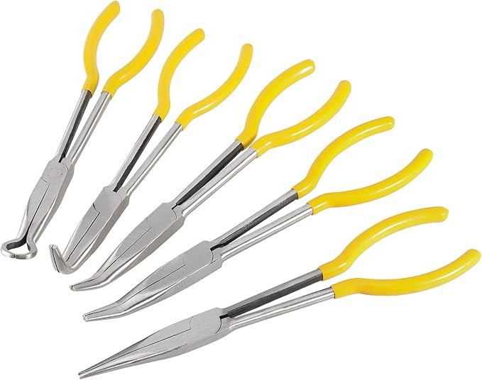 SINJEUN 5-Piece 11 Inch Nose Pliers Set, Long Reach Angle Pliers - Straight, 25, 45, 90 and Round. Yellow Rubber Grip