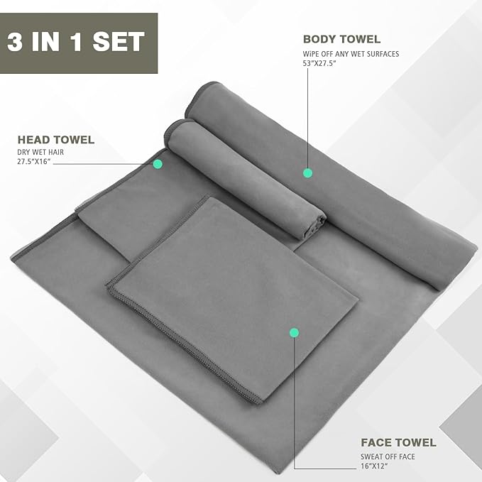 Quick Dry Camping Towel, Microfiber Travel Towel 3 Size at 1 Pack for Camping, Beach, Gym, Sports, Yoga & Swimming Pool, Grey